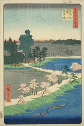 Los árboles de alcanfor entrelazados en el Santuario Azuma (Azuma no mori Renri no azusa), de la serie "Cien vistas famosas de Edo (Meisho Edo hyakkei)"