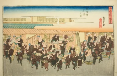 El mercado de pescado en Zakoba, de la serie "Vistas famosas de Osaka (Naniwa meisho zue)"
