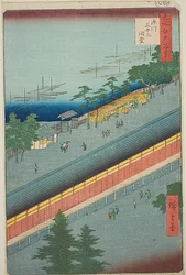 La Sala de las Treinta y Tres Bahías de Fukagawa (Fukagawa Sanjusangendo), nº 69 de la serie "Cien Vistas Famosas de Edo (Meisho Edo hyakkei)".