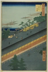 La Sala de las Treinta y Tres Bahías de Fukagawa (Fukagawa Sanjusangendo), de la serie "Cien vistas famosas de Edo (Meisho Edo hyakkei)".