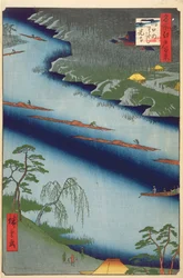 El Ferry de Kawaguchi y el Templo Zenkoji, de Cien Vistas Famosas de Edo, 1857
