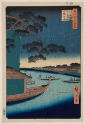 El pino del encuentro cerca del río Asakusa y la orilla Oumaya del río Sumida, de la serie «Cien vistas famosas de Edo»