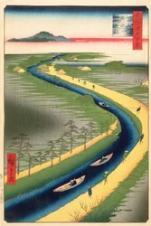 Remolcadores a lo largo del canal Yotsugi-dori, lámina 33 de la serie Cien vistas famosas de Edo, Periodo Edo, Era Ansei, 1857