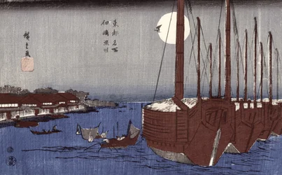 Isla Tsukudajima y el distrito de Fukagawa bajo la luna llena, de la serie 