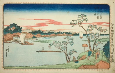 Vista de cerezos frondosos a lo largo del río Sumida (Sumidagawa hazakura no kei), de la serie "Vistas famosas de la capital oriental (Toto Meisho)"