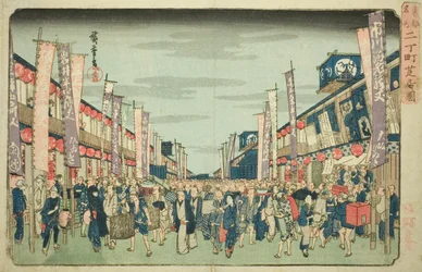 Vista de los Teatros en Nichomachi (Nichomachi shibai no zu), de la serie "Lugares Famosos en la Capital del Este (Toto meisho)"
