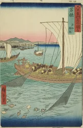 Provincia de Wakasa: Barco pesquero atrapando lenguado (Wakasa, gyosen karei ami), de la serie "Lugares famosos en las sesenta y tantas provincias (Rokujuyoshu meisho zue)"