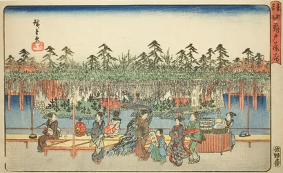 Glicinas en Kameido (Kameido Tenjin fuji hana), de la serie "Lugares famosos en la capital oriental (Toto meisho)"