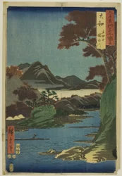 Provincia de Yamato: Montaña Tatsuta y río Tatsuta (Yamato, Tatsutayama, Tatsutagawa), de la serie "Lugares famosos de las sesenta y tantas provincias (Rokujuyoshu meisho zue)".