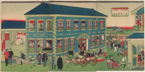 Imagen del tren de vapor de los establecimientos extranjeros de Yokohama, época Meiji