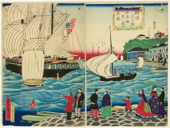 Vista verdadera de los edificios extranjeros a lo largo del paseo marítimo vistos desde los muelles de Yokohama