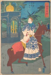 Mujer americana montando de lado en el camino en Hommoku, Motomura, Yokohama, 2..., 2º mes, 1861