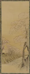 Paisaje: cerezos en flor a lo largo de las orillas de un arroyo, período Edo, 1615-1868
