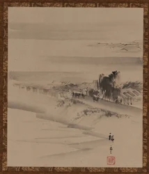 Paisaje: río, ciudad y niebla, período Edo
