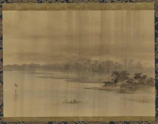 Paisaje fluvial y templo bajo la lluvia, período Edo, siglo XIX