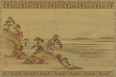 Paisaje fluvial: follaje rojo y Monte Fuji, período Edo, mediados del siglo XIX