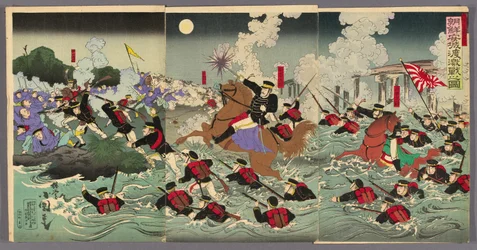 Feroz combate en el cruce de Anseong en Corea (Chosen Anjo watashi no gekisen no zu)