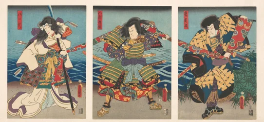 Tres actores de kabuki tirando de una bandera roja
