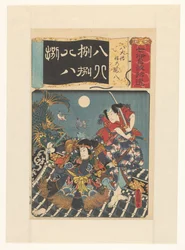 Héroes de Hakkenden peleando en el techo Los ocho perros, Shino, Genpachi (título original del objeto) Pasajes de siete iroha (título original de la serie sobre el objeto)