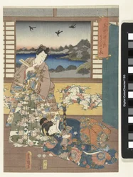 Príncipe Genji y mujer arrodillada