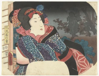 Mujer cubre linterna con kimono Selección de elegantes jardines (título de la serie) Furyu sono no ko (título de la serie sobre el objeto)