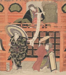 Ichikawa Danjuro VII como Konoshita Tokichi, Nakamura Daikichi como su esposa, e Iwai Hanshiro, ca. 1819