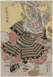 Musashibo Benkei arrodillado junto a un ciruelo