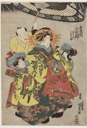 Las cortesanas Hanamurasaki y Koshikibu del Tamaya paseando bajo la lluvia