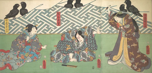 Tres actores en el escenario: Kumagai Naozane, 1858
