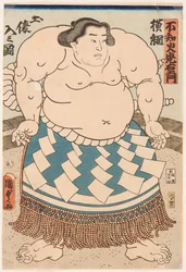 Retrato del luchador de sumo Shiranui Mitsuemon con un delantal ritual