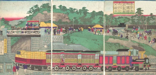 Ilustración de una locomotora de vapor corriendo en el ferrocarril de Takanawa en Tokio