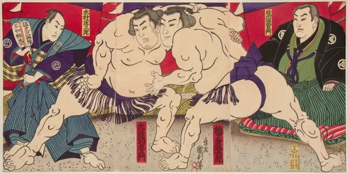 Combate de los luchadores de sumo Umegatani Rodachi y Kimura Shonosuke. Estampe de Utagawa Kunitoshi (1847-1899), vers 1885 - Combate de lucha libre Umegatani Rodachi vs Kimura Shonosuke, por Kunitoshi, Utagawa (1847-1899). Grabado en color, hacia 1885. Di