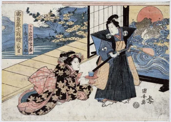Japón, acto II de Chushingura, cuento de los 47 Ronin (o 47 Samurai): Rikiya, con espada y abanico, de pie junto a Konami, arrodillado en el suelo, ofreciéndole una taza de té, grabado de Utagawa Kuniyasu.