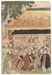 Un grupo de actores en su camino al Santuario Oji (Inari jinja) en el Día de Año Nuevo, firmado Kuniyoshi, sello kiwame, tríptico Oban tate-e (xilografía en color)