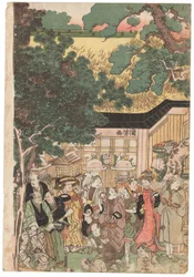 Un grupo de actores camino al Santuario Oji (Inari jinja) en Año Nuevo, firmado Kuniyoshi, sello kiwame, tríptico Oban tate-e