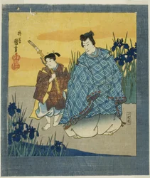 El actor Ichikawa Danjuro VIII como Narihira en Yatsuhashi de "Una séxtuple pantalla de cuadros famosos (Meiga rokushi byobu)"