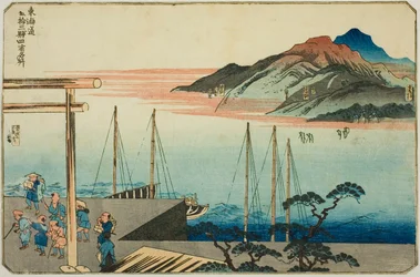 Miya, Kuwana, Yokkaichi e Ishiyakushi, de la serie "Lugares famosos en las cincuenta y tres estaciones del Tokaido, cuatro estaciones"
