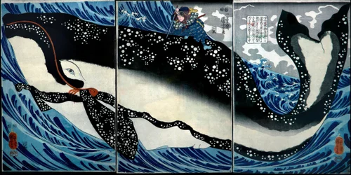 Miyamoto Musashi mata a una ballena enorme, c.1847