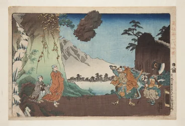 Nichiren y la roca levitante en el Monte Komuro el 28 de mayo de 1274 (grabado en madera a color)