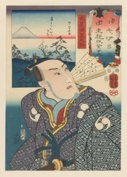 Oboshi Yuranosuke con abanico blanco en el cuello del kimono Siete vistas del monte Fuji desde la capital oriental en el orden de Iroha (título de la serie sobre el objeto)