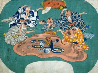 Perro mapache y zorro jugando (Tanuki to kitsune no asobi), c.1842