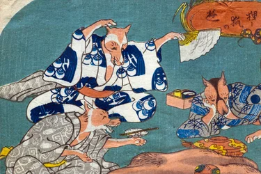 Perro mapache y zorro jugando (Tanuki to kitsune no asobi), c.1842