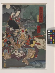 Rokuyosai Kuniyoshi Jiman; Shakku (xilografía en color)