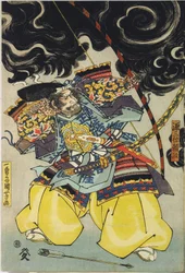 Hoja de un tríptico de xilografía en color, que representa a Minamoto no Yorimasa, asistido por Ii Hayata y Watanabe Choshichi, derribando al nue desde el techo del palacio del Emperador Konoe: Japón, Edo, por Utagawa Kuniyoshi, c. 1820 - 1825