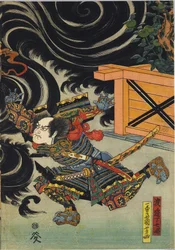 Hoja de un tríptico de impresión en madera a color, que representa a Minamoto no Yorimasa, ayudado por Ii Hayata y Watanabe Choshichi, derribando al nue desde el techo del palacio del Emperador Konoe: Japón, Edo, por Utagawa Kuniyoshi, c. 1820 - 1825