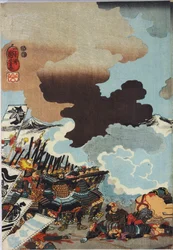 Hoja de un tríptico de impresión en bloque de madera a color, titulado Eiroku yonnen kugatsu yokka Kawanakajima kassen ni Yamamoto Kansuke nyūdō no uchijini no zu