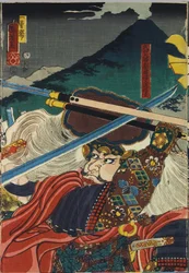 Hoja de un tríptico de impresión en madera a color, titulado Kawanakajima kassen (La batalla de Kawanakajima), que representa un primer plano del encuentro personal de los dos líderes, Uesugi Kenshin (izquierda) y Takeda Shingen: Japón, Edo, por Utagawa Ku