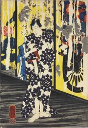 Hoja de un tríptico de xilografía en color titulado Imayo Teru-uji furudera no kozu (Teruuji moderno en una imagen antigua en un templo antiguo), que representa una escena en un templo en ruinas a la luz de la luna con fusuma rasgados y pelados, con Teru-u