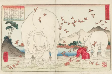 Taishun cavando un campo con la ayuda de elefantes y un grupo de gorriones, firmado Ichiyusai Kuniyoshi ga, c.1843