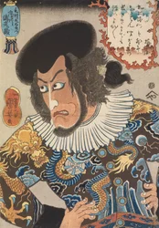 El actor Ichikawa Ebizo V como Kezori Kuemon, xilografía, publicada por Fujiokaya Hikotaro (Shogendo), 8º mes de 1840